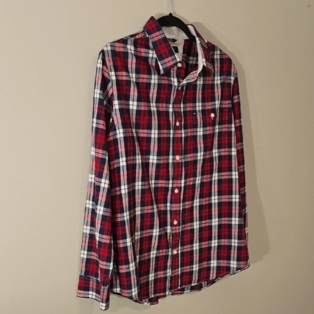 Banana Republic Slim Fit Flannel Shirt Mens Large Red Navy Blue Plaid Cotton L